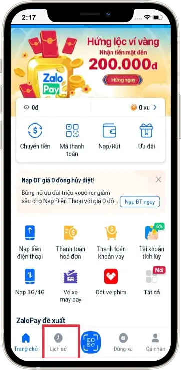 Bước 1 : Tại giao diện chính » Chọn mục Lịch sử